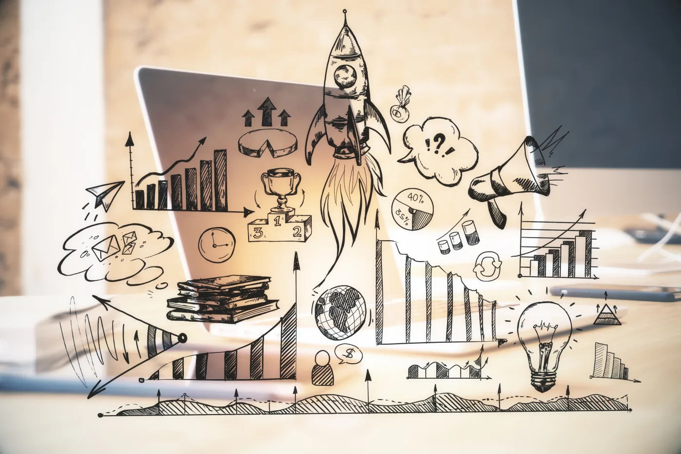 Notebook com elementos visuais de crescimento e estrategia na pagina de presenca digital da Clepian